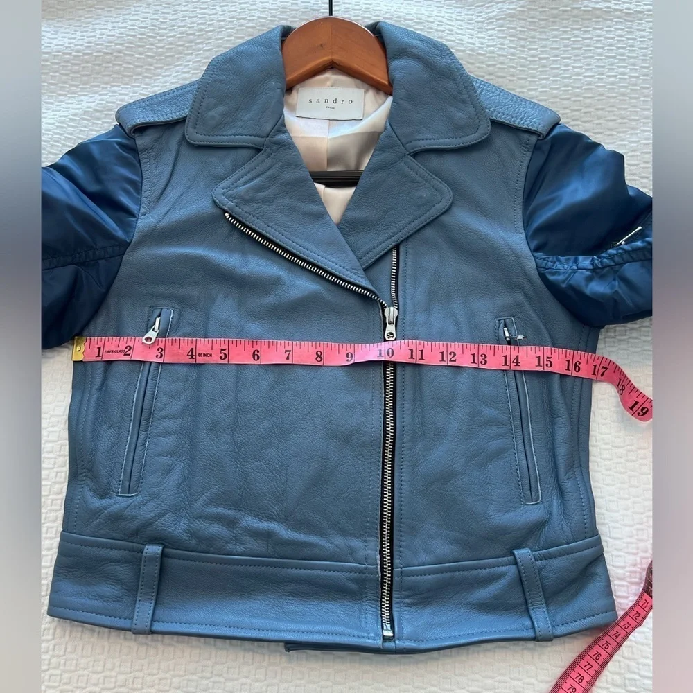 SANDRO Blue Ruched Shell-Paneled Sleeves Leather Goat Biker Jacket - Picture 12 of 16